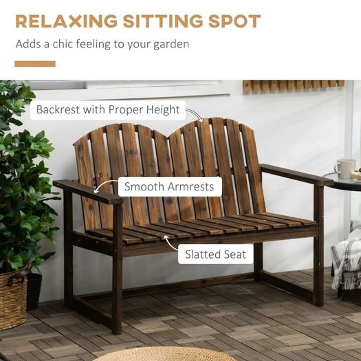 Outdoor Wooden Garden Bench, Patio Loveseat Chair with Slatted Backrest and Smooth Armrests for Two People, for Yard, Lawn, Porch, Carbonised Finish