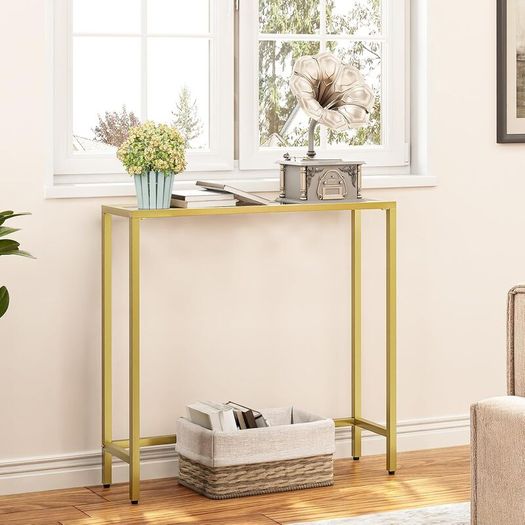 Console Table, Tempered Glass Sofa Table, Gold Slim Hallway Table, 75 x 22 x 80 cm, for Living Room, Entryway, Hallway, Metal Frame, Sturdy, Gold