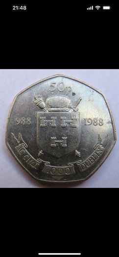 988-1988 Dublin Millennium, Ireland Eire 50p Fifty Pence Coin