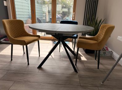 Extendable Grey Dining Table with 4 Gold & Navy Chairs