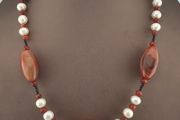 Vintage African Carnelian &amp; Fresh Water Authentic Pearl Necklace