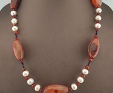 Vintage African Carnelian & Fresh Water Authentic Pearl Necklace