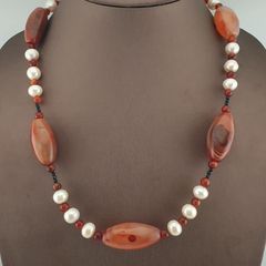 Vintage African Carnelian & Fresh Water Authentic Pearl Necklace