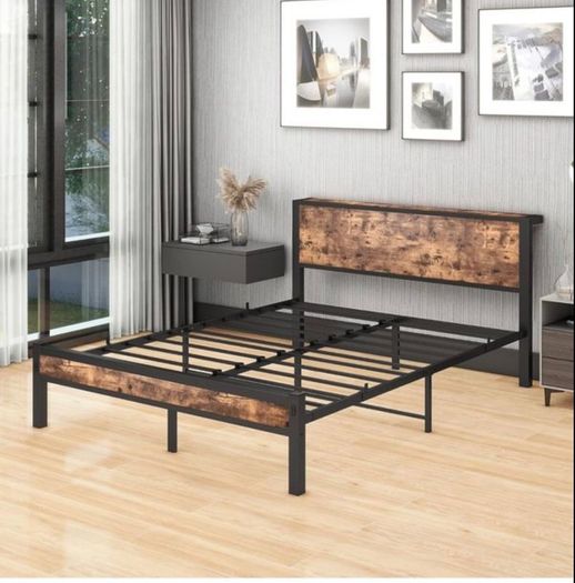 King Size Bed Frame with Storage Wooden Headboard, Metal Bed Frame Kingsize Bed Base/Mattress Foundation, Enhanced Support Noise Free, Textured Black+Brown Oak