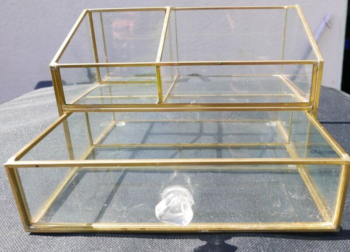 Vintage Gold clear glass large storage jewelers makeup box 7,2" x 4,4" H-3"