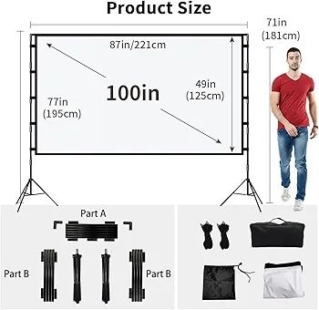 Projector Screen and Stand,Towond 100 inch Indoor Projection Screen Portable Outdoor Projection Screen 16:9 4K HD Rear Front Movie Screen