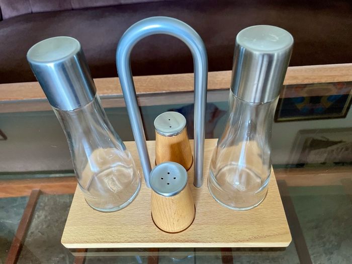 Vintage Bodum Oil Vinegar Salt Pepper Cruet Set by Georg Fontana Danish Beechwood with Aluminum 1990s