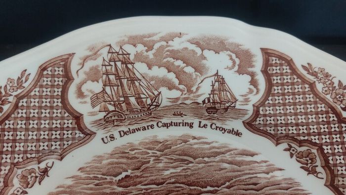 Vintage Set of Six Brown and White Fair Winds, Historical Scenes of Chinese Export to America - "The Friendship of Salem" Large Dinner Plates by Alfred Meakin