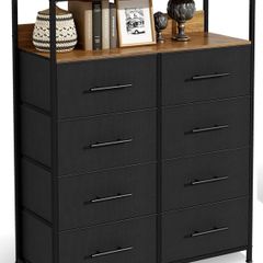 Chest of Drawers, Dresser for Bedroom with 8 Fabric Drawers, Tall Storage Organizer Unit with 2 Layers Shelf, TV Stand with Sturdy Metal Frame (Black)