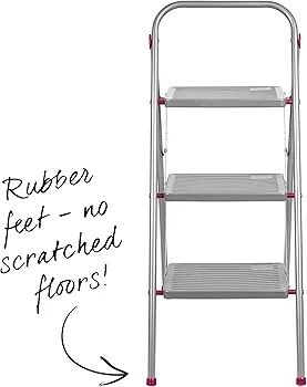 3 Folding Stepladder Large Step Stool with Non-Slip Feet, Collapsible for Compact Storage, Strong Steel Structure, Safety Clip, 150kg Weight Capacity, 105cm High, Pink/Grey