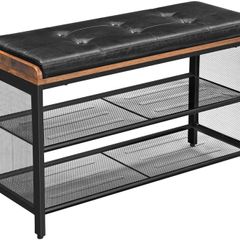 Shoe Bench Padded Bench with Mesh Shelf Shoe Rack Hallway Bedroom Metal Easy Assembly Space Saving Industrial Design Black Faux Leather Vintage Dark Brown