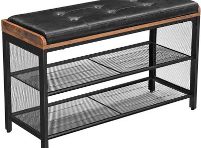 Shoe Bench Padded Bench with Mesh Shelf Shoe Rack Hallway Bedroom Metal Easy Assembly Space Saving Industrial Design Black Faux Leather Vintage Dark Brown