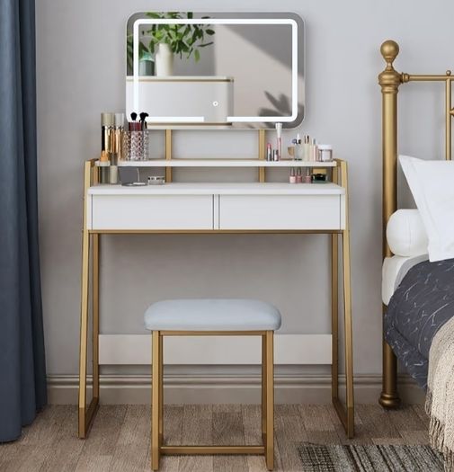 Makeup Table with Mirror and Stool, Vanity Dressing Table Set with 3 Color Adjustable Brightness LED Lights, 2 Large Storage Drawers and Metal Frame for Bedroom, White and Gold