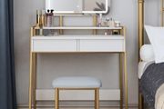 Makeup Table with Mirror and Stool, Vanity Dressing Table Set with 3 Color Adjustable Brightness LED Lights, 2 Large Storage Drawers and Metal Frame for Bedroom, White and Gold