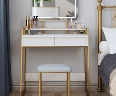 Makeup Table with Mirror and Stool, Vanity Dressing Table Set with 3 Color Adjustable Brightness LED Lights, 2 Large Storage Drawers and Metal Frame for Bedroom, White and Gold