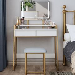 Makeup Table with Mirror and Stool, Vanity Dressing Table Set with 3 Color Adjustable Brightness LED Lights, 2 Large Storage Drawers and Metal Frame for Bedroom, White and Gold