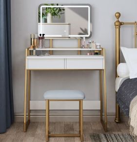 Makeup Table with Mirror and Stool, Vanity Dressing Table Set with 3 Color Adjustable Brightness LED Lights, 2 Large Storage Drawers and Metal Frame for Bedroom, White and Gold
