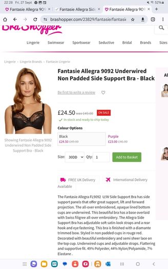 Fantasie Allegra - Underwired Side Support Bra 30F and Briefs XS - Black - BNWT RRP 80