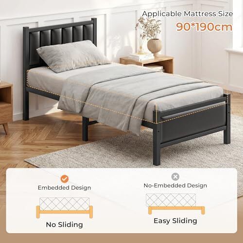 Single Bed Frame with Upholstered Headboard, 3ft Metal Beds with Sturdy Steel Slats Support Platform, Black Single Bed with Storage, Noise Free, Easy Assembly