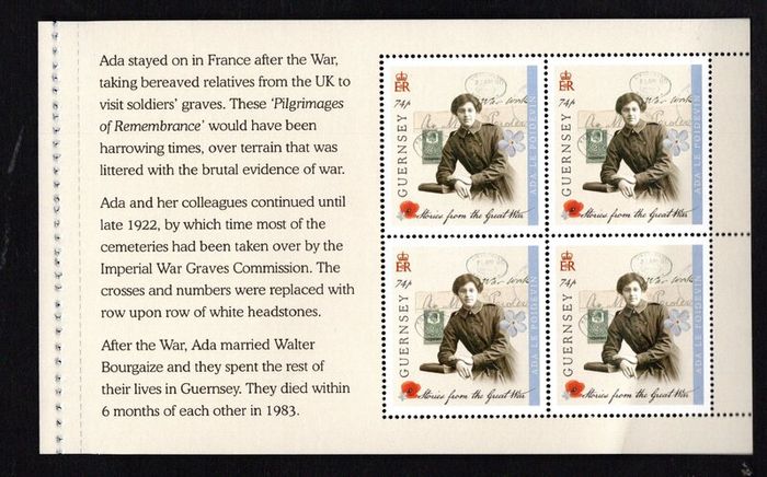 2014 Guernsey Stories from the Great War (I) 74p Ada Le Poidevin Commemorative Stamp Booklet Pane Mint Never Hinged (MNH).