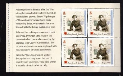 2014 Guernsey Stories from the Great War (I) 74p Ada Le Poidevin Commemorative Stamp Booklet Pane Mint Never Hinged (MNH).