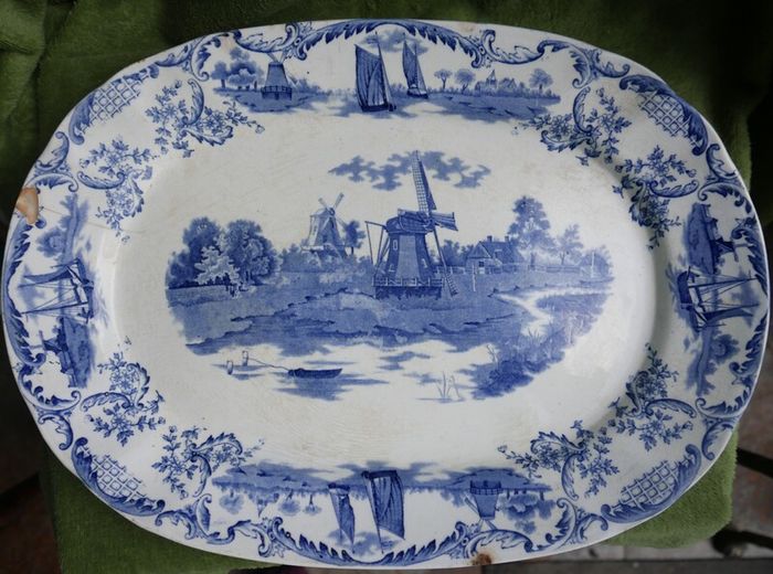 Large Antique Delft Pottery Platter,  Vintage Serving Plate in Blue and White,  Collectable China and Ceramics 16" x 11,5"