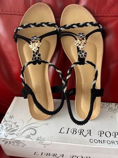 SANDALS. Libra Pop brand- Embellished With Black, Gold & Silver charms. Ultra Comfortable. Size Uk 6 Eu 39 Purchased In Toulouse. Brand New In Box.