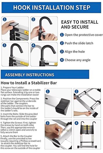 Telescopic Ladder 4.1M 13.5FT Aluminium Extension Loft Ladder with Stabilizer Bar and Detachable Hooks, Multi Purpose Extendable Portable Folding Ladders, EN131 (4.1M/13.5FT)