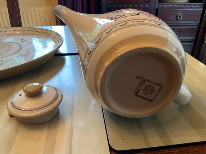 Nicholas Mosse Lavender starter set from Washington creek USA . Tea pot, two mugs , creamer and an oval platter . Pricing the set
