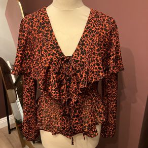 Topshop Animal Print Tie Front Peplum Top UK6