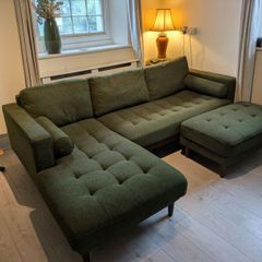 Cooper green fabric corner sofa with left hand facing chaise. Footstool included. In perfect condition.