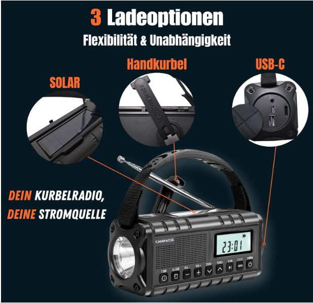 Crank Radio with Solar & Hand Crank, Emergency Radio with 20,000 mAh Power Bank, Outdoor, Camping & Survival, AM/FM Radio with LCD Display