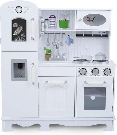 Children's Play Kitchen with Light and Sound Wooden Children's Play Kitchen with Water Dispenser in White