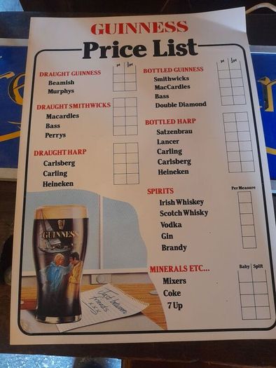 Original Guinness Price List 1980's