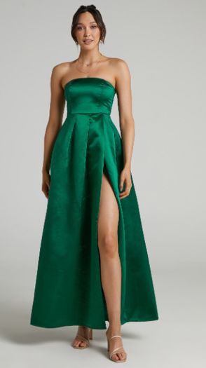 Showpo Queen Of The Night Strapless Maxi Dress In Emerald Satin Uk6 Xs Debs-wedding-formal Dress New