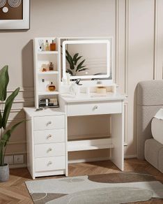 Dressing Table with LED Mirror and Adjustable Lights, 90cm White Vanity Desk