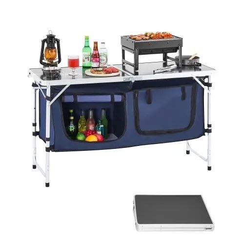 Camping Kitchen Table, Folding Outdoor Cooking Table, 3 Adjustable Height, Aluminum Lightweight Portable Cook Station