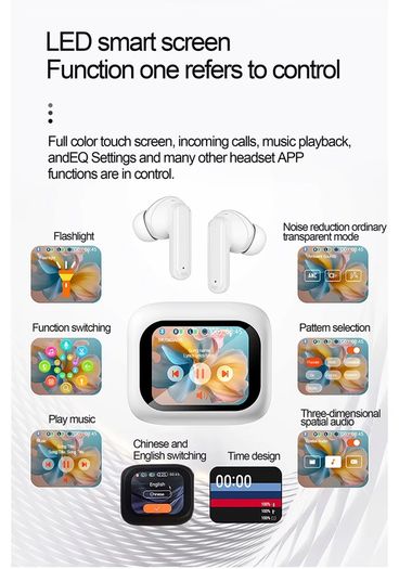 Wireless Earbud with Noise Cancelling & Smart LCD Screen Stereo HIFI Sound