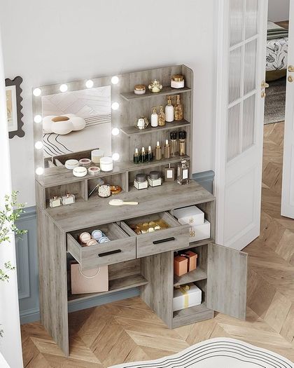 Vanity Desk with Mirror and 10 LED Lights, Makeup Vanity with 3 Shelves & 4 Open Compartments, Dressing Table with 2 Drawer & Cabinet, 3 Adjustable Lighting Brightness,Greige