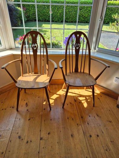 Pair of Vintage Ercol Blonde Swan Back Carver Dining Chairs
