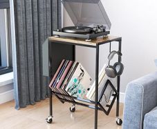 Vinyl Record Player Stand, Record Player Table with Storage Hold 80 Albums, Vinyl Record Storage Cabinet with Organizer Pocket and Wheels