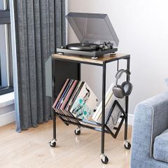 Vinyl Record Player Stand, Record Player Table with Storage Hold 80 Albums, Vinyl Record Storage Cabinet with Organizer Pocket and Wheels