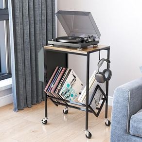 Vinyl Record Player Stand, Record Player Table with Storage Hold 80 Albums, Vinyl Record Storage Cabinet with Organizer Pocket and Wheels