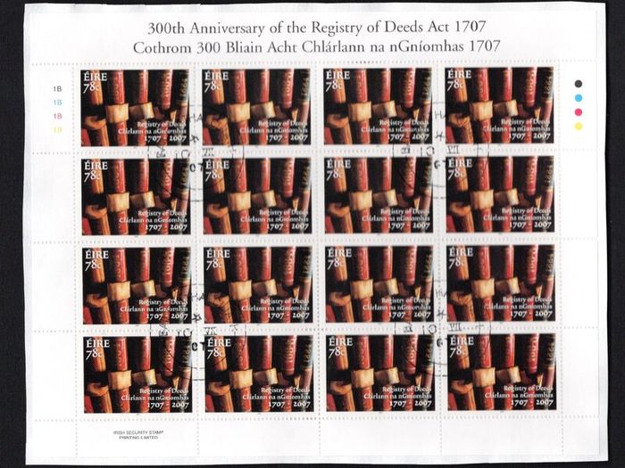 2007 Ireland 300th Anniversary of the Registry of Deeds Act Commemorative Stamp Sheetlet Plate 1B1B1B1B Fine Used with Dublin cancel of 10th July 2007 (First day of issue)
