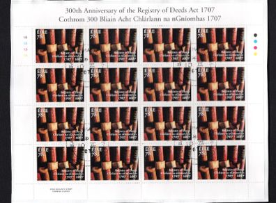 2007 Ireland 300th Anniversary of the Registry of Deeds Act Commemorative Stamp Sheetlet Plate 1B1B1B1B Fine Used with Dublin cancel of 10th July 2007 (First day of issue)