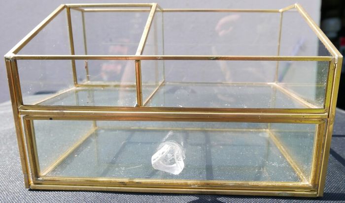 Vintage Gold clear glass large storage jewelers makeup box 7,2" x 4,4" H-3"