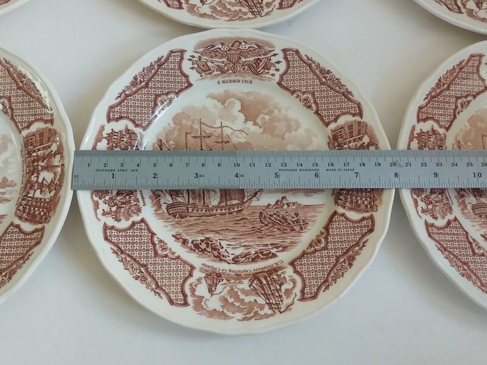 Fabulous Vintage 35 Piece Brown and White Fair Winds, Historical Scenes of Chinese Export to America Dinner Service by Alfred Meakin, Staffordshire