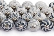 Grey and White Ceramic Door Knobs, Set of 20 Flower Design Premium Quality Assorted Designs Handmade Vintage, Shabby Chic, Interior Furniture, Cabinet Cupboard Wardrobe Drawers Pulls
