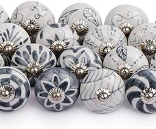 Grey and White Ceramic Door Knobs, Set of 20 Flower Design Premium Quality Assorted Designs Handmade Vintage, Shabby Chic, Interior Furniture, Cabinet Cupboard Wardrobe Drawers Pulls