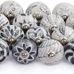 Grey and White Ceramic Door Knobs, Set of 20 Flower Design Premium Quality Assorted Designs Handmade Vintage, Shabby Chic, Interior Furniture, Cabinet Cupboard Wardrobe Drawers Pulls